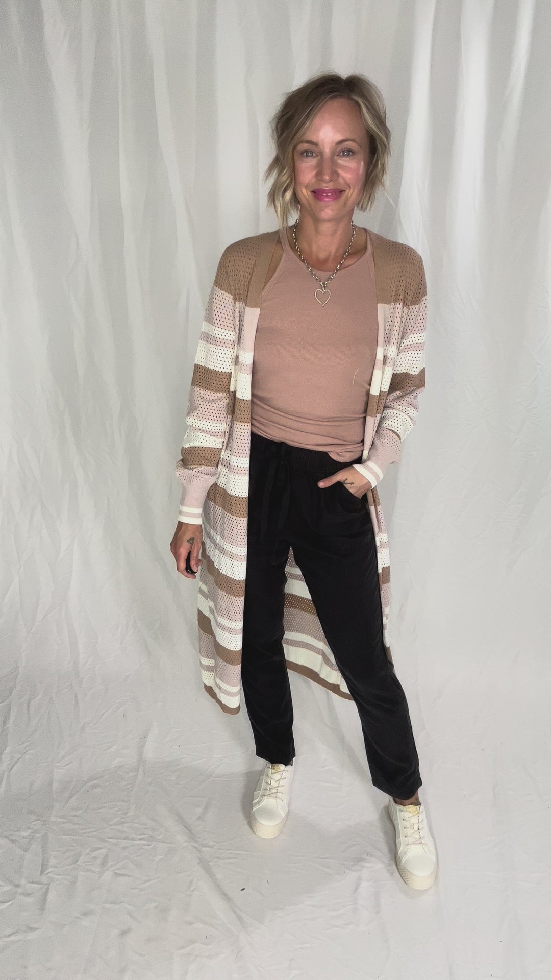 Tameka Striped Knit Long Line Open Front Cardigan- PINK COMBO