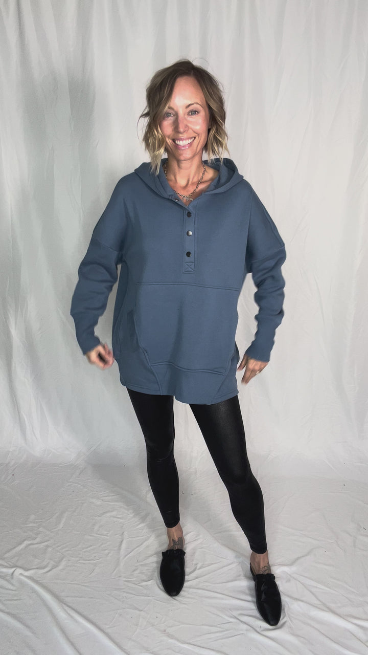 Farrah Fleece Half Button Hooded Sweatshirt- DUSTY BLUE