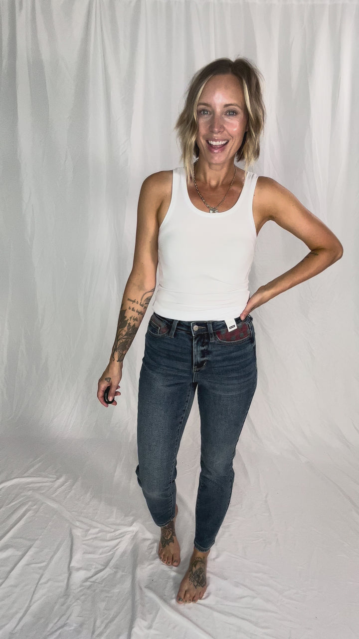 JUDY BLUE Hardy Plaid Patch Slim Straight Leg Jean