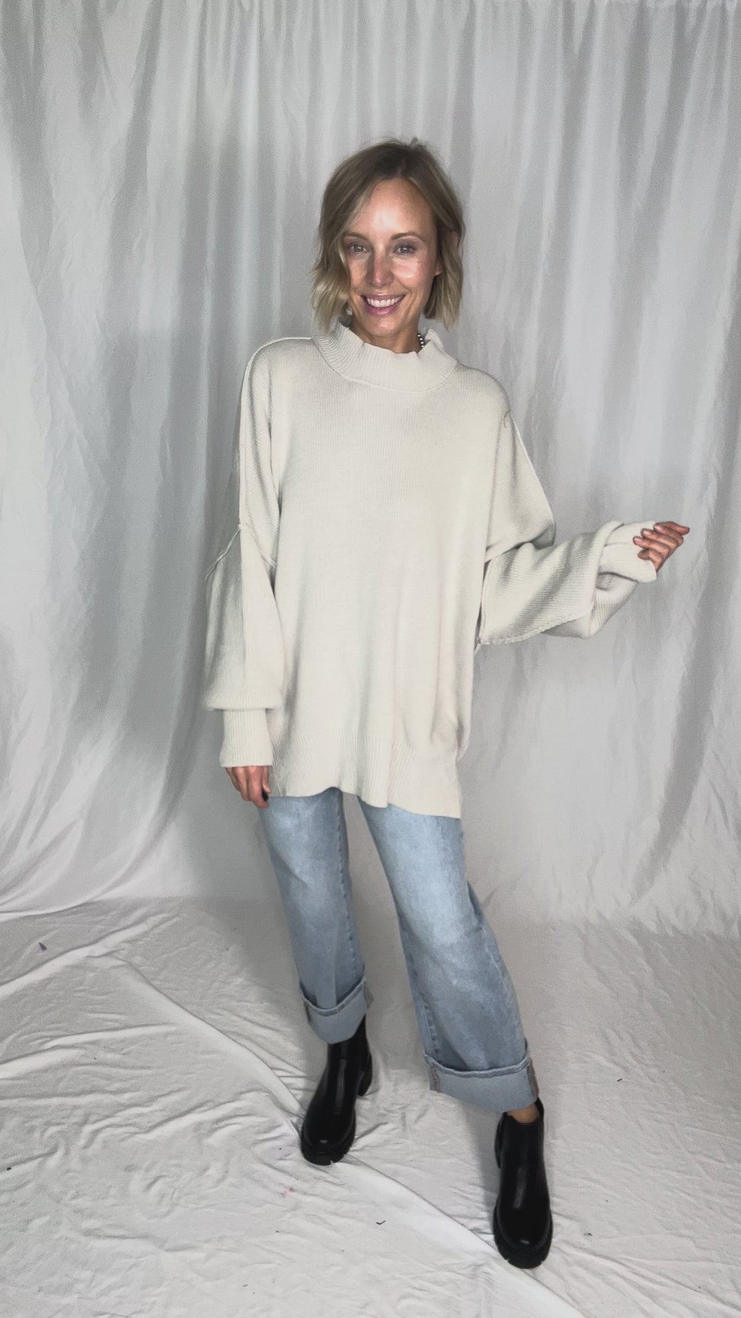 Frosted Pines Oversized Side Slit Sweater- BONE