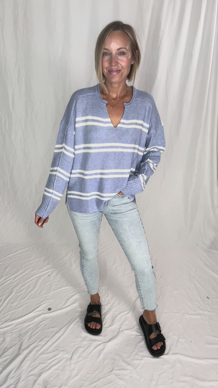 Kailey Notch Neck Striped Knit Sweater- PERI BLUE
