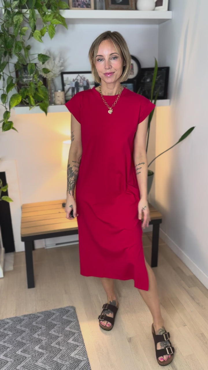 Audrey Stretch Cotton Midi Dress- RUBY
