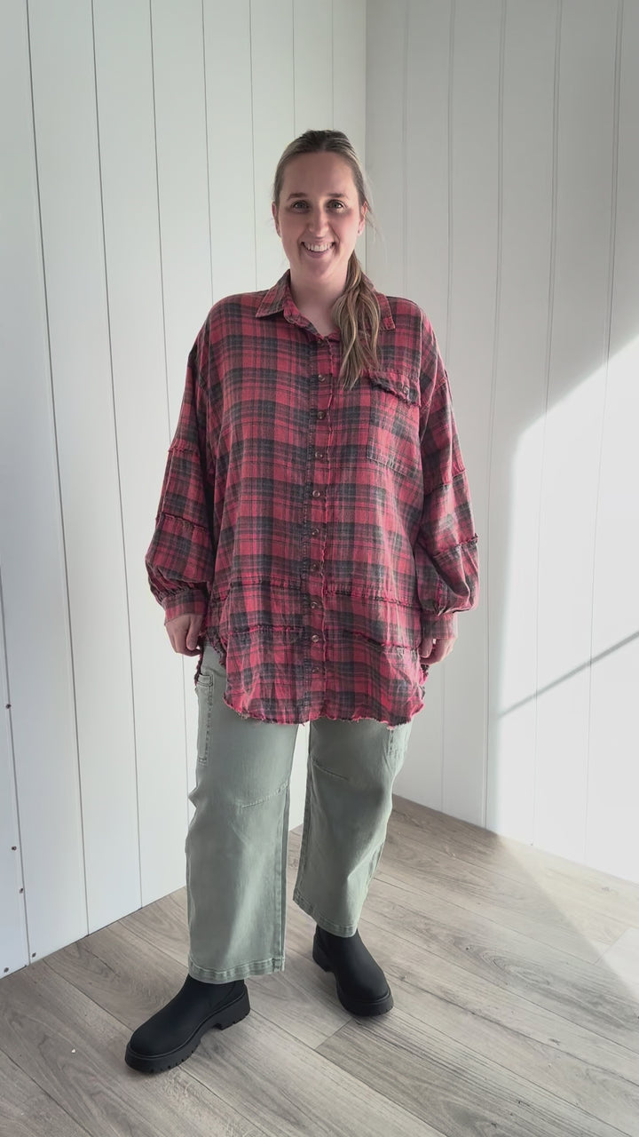 Fenton Oversized Cotton Plaid Button Down- PINKISH CORAL