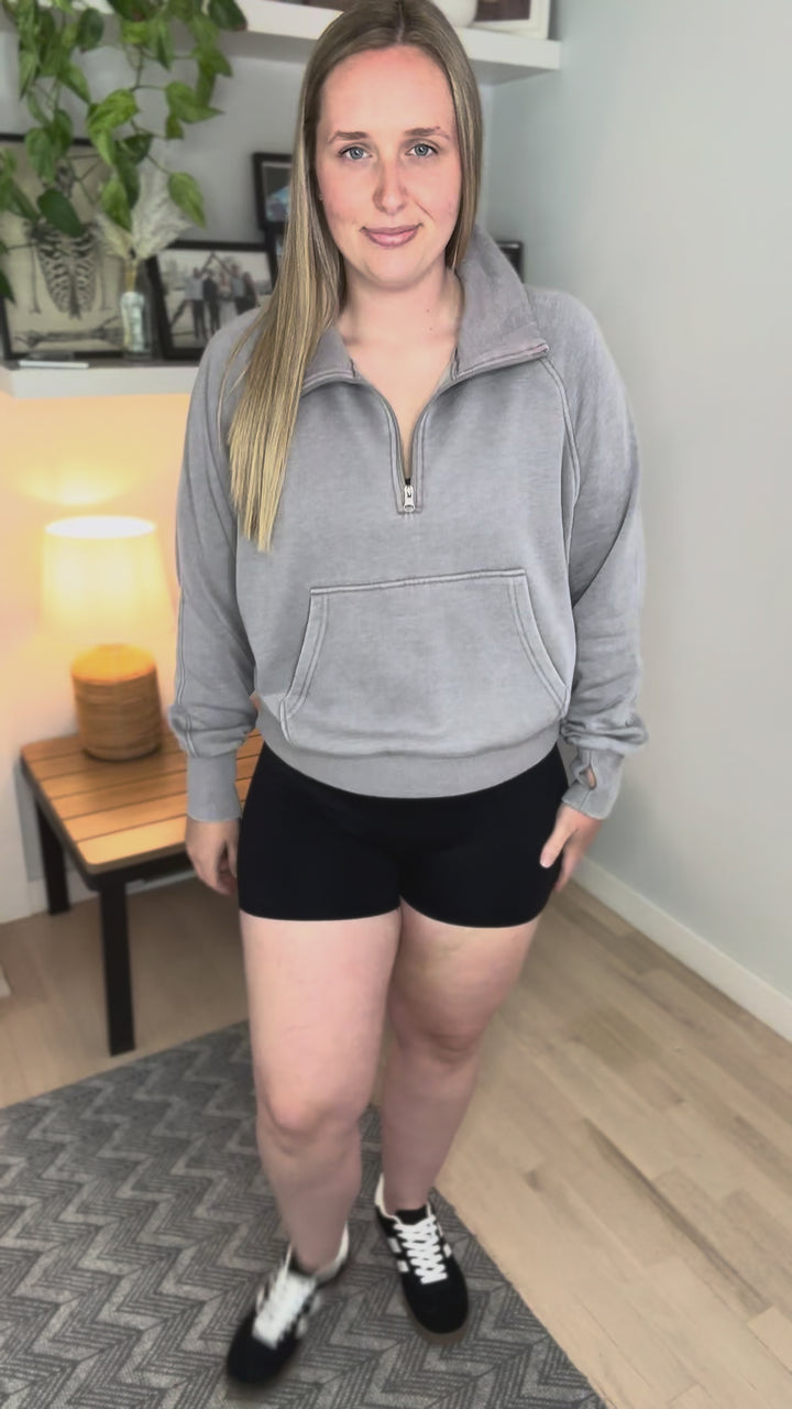 Ailany Washed Quarter Zip Sweatshirt- GRAY