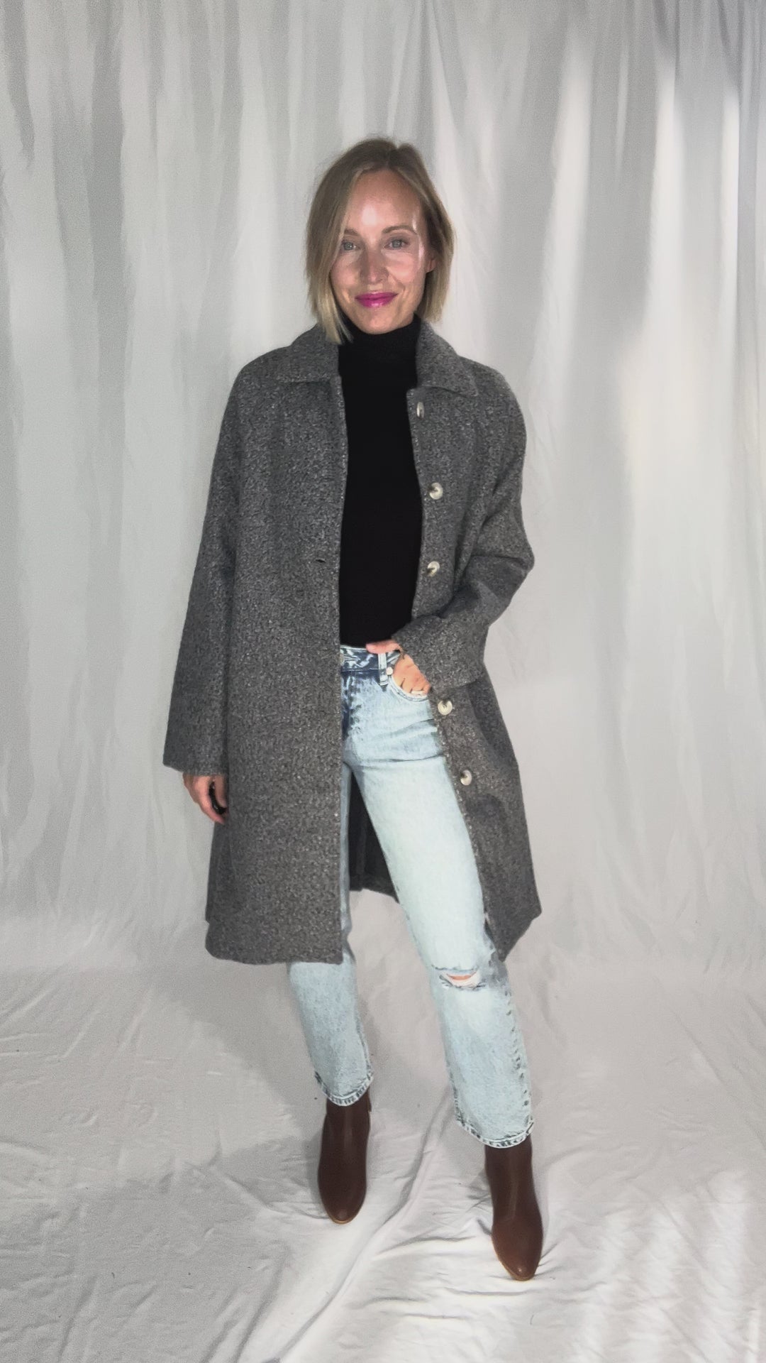 Frosty Boucle Long Button Coat- CHARCOAL