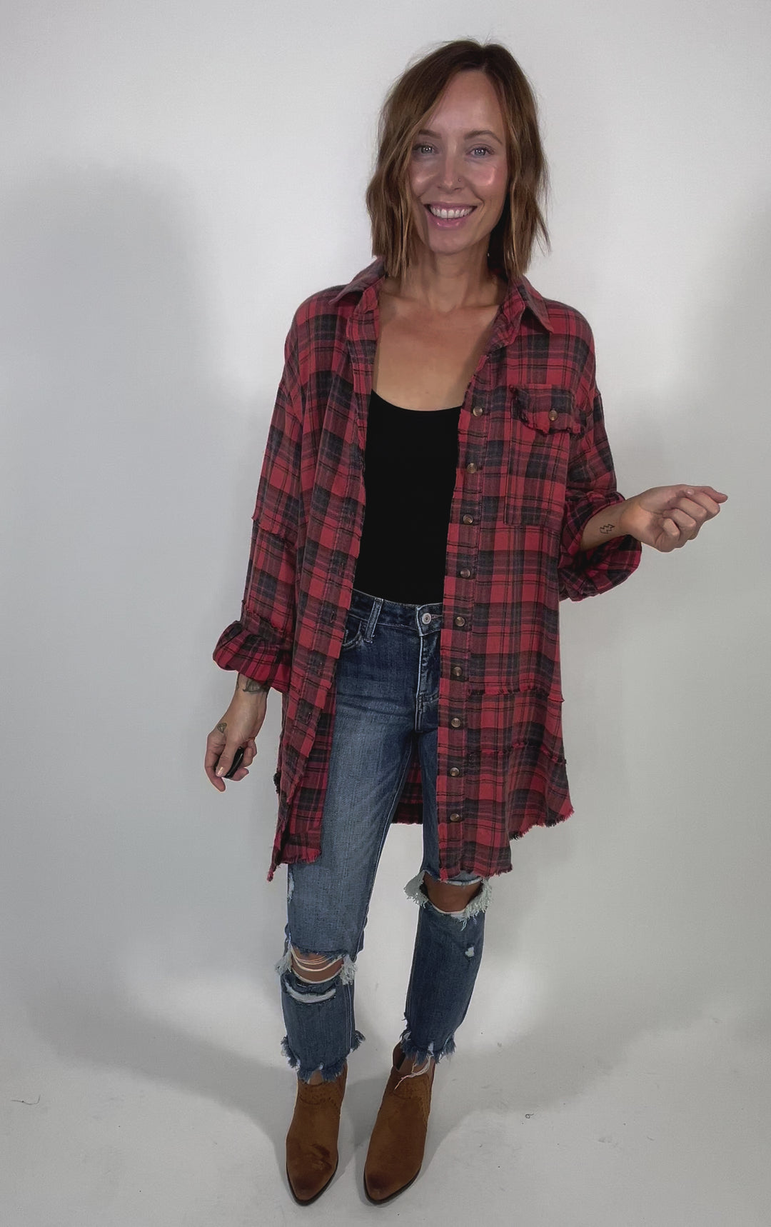 Fenton Oversized Plaid Button Shacket- FADED CORAL RED