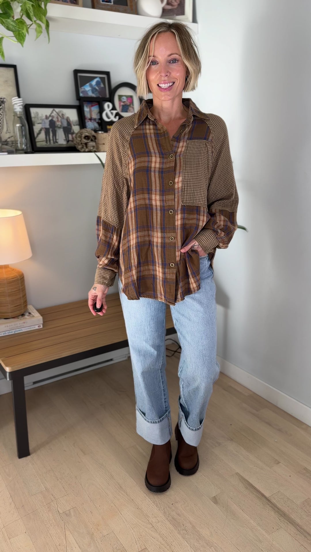 Finn Plaid Mix Cotton Tunic- BROWN