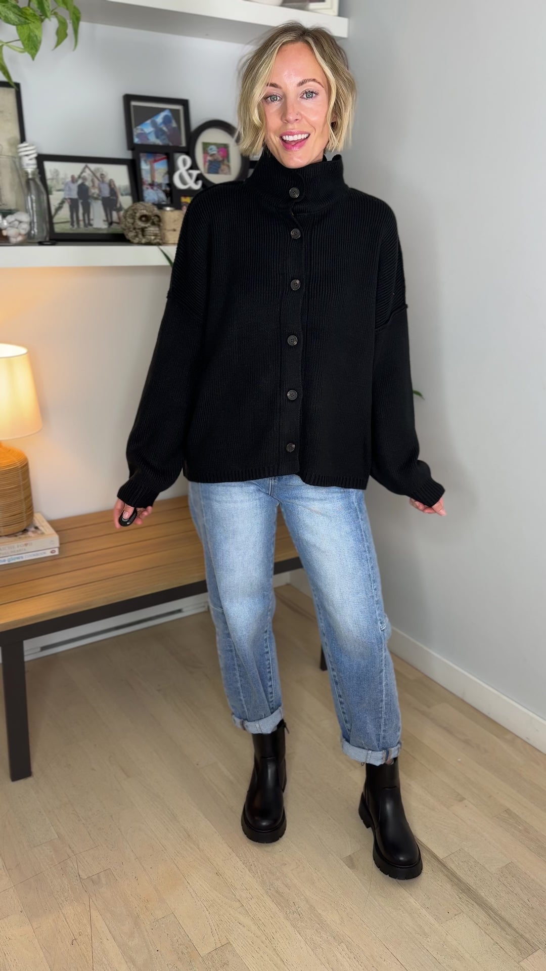 Hearthside Mockneck Knit Button Sweater- BLACK