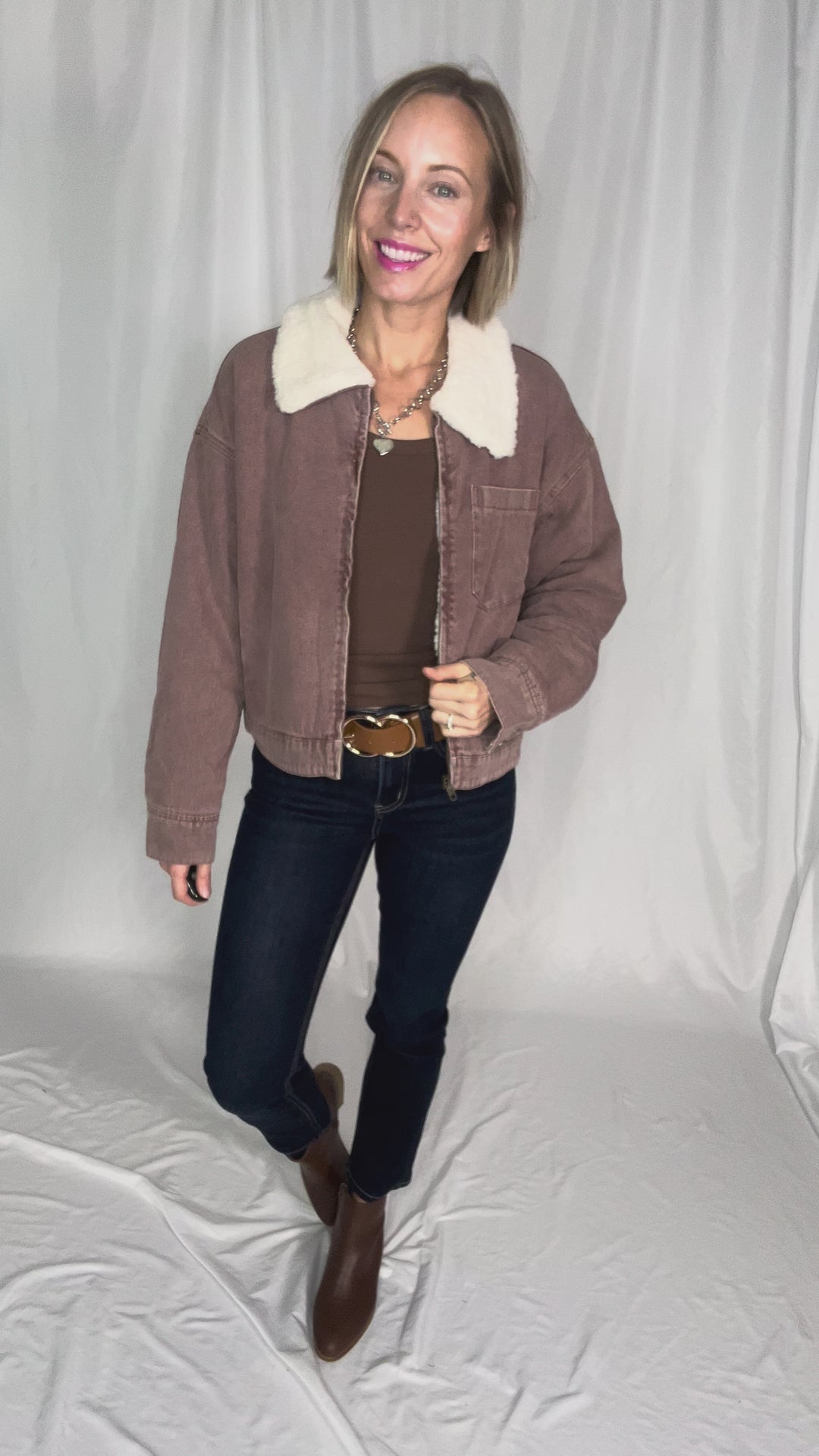 Velvet Frost Sherpa Lined Denim Jacket- ROSEWOOD