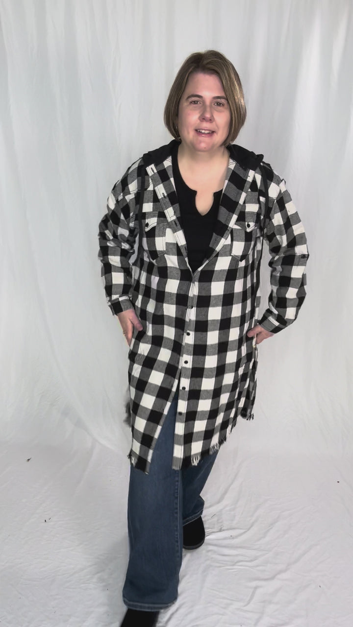 Falling Leaves Plaid Hoodie Jacket- WHITE/BLACK-FINAL SALE