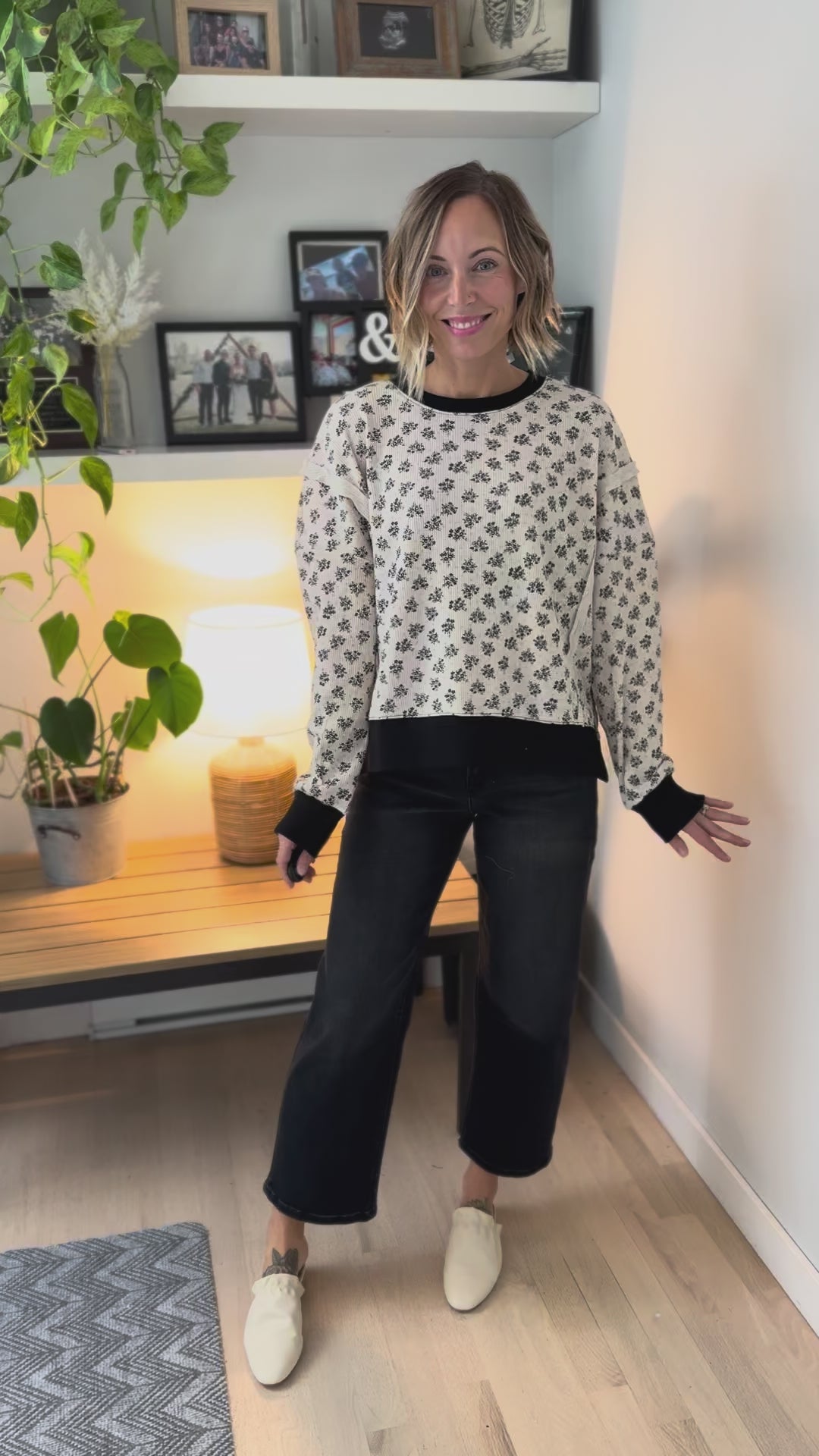 Elsa Vintage Floral Thermal Pullover- IVORY/BLACK-FINAL SALE