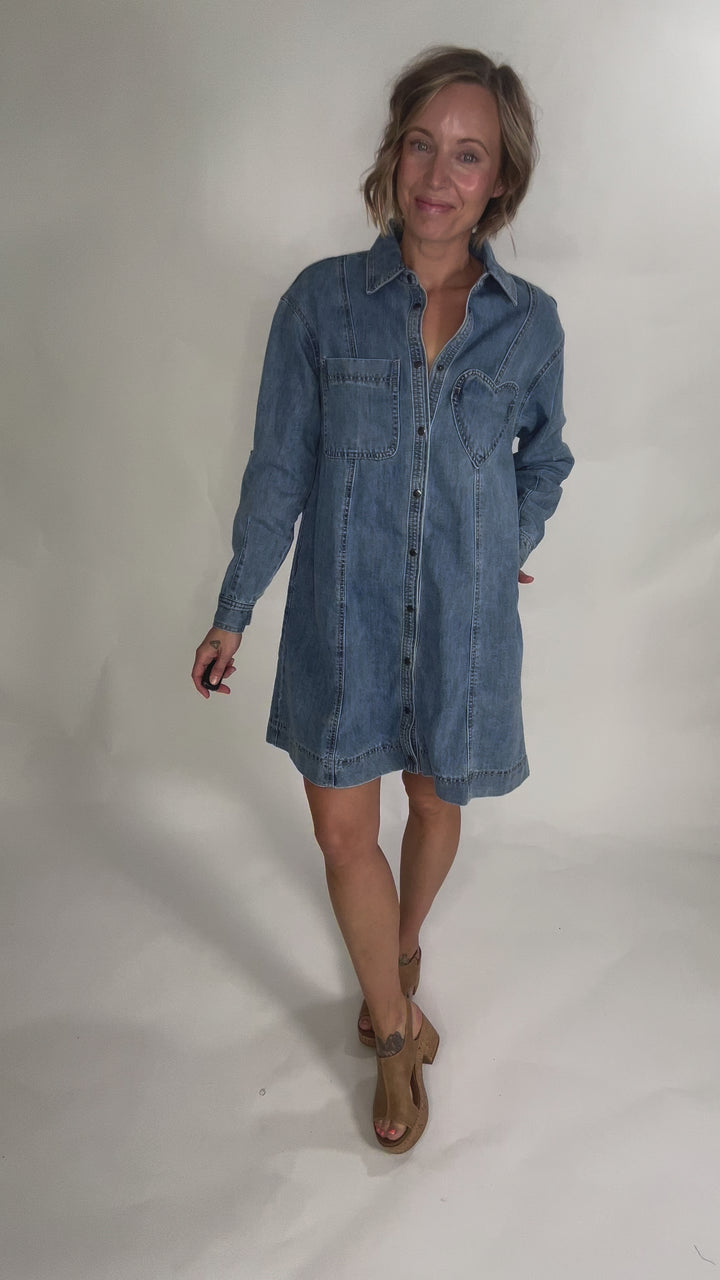 Fondness Denim Heart Pocket Shirt Dress-LIGHT DENIM-FINAL SALE
