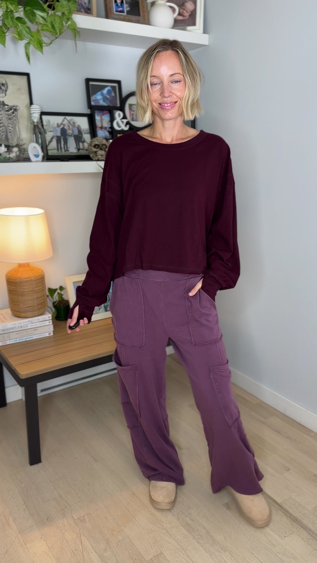 Holt Washed Wide Leg Sweat Pant- DARK CHERRY