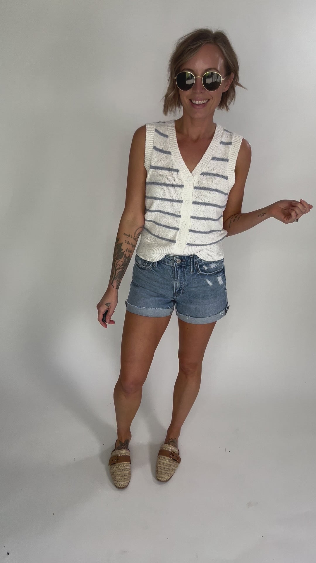 Elana Cozy Striped Button Up Sweater Vest- SLATE BLUE