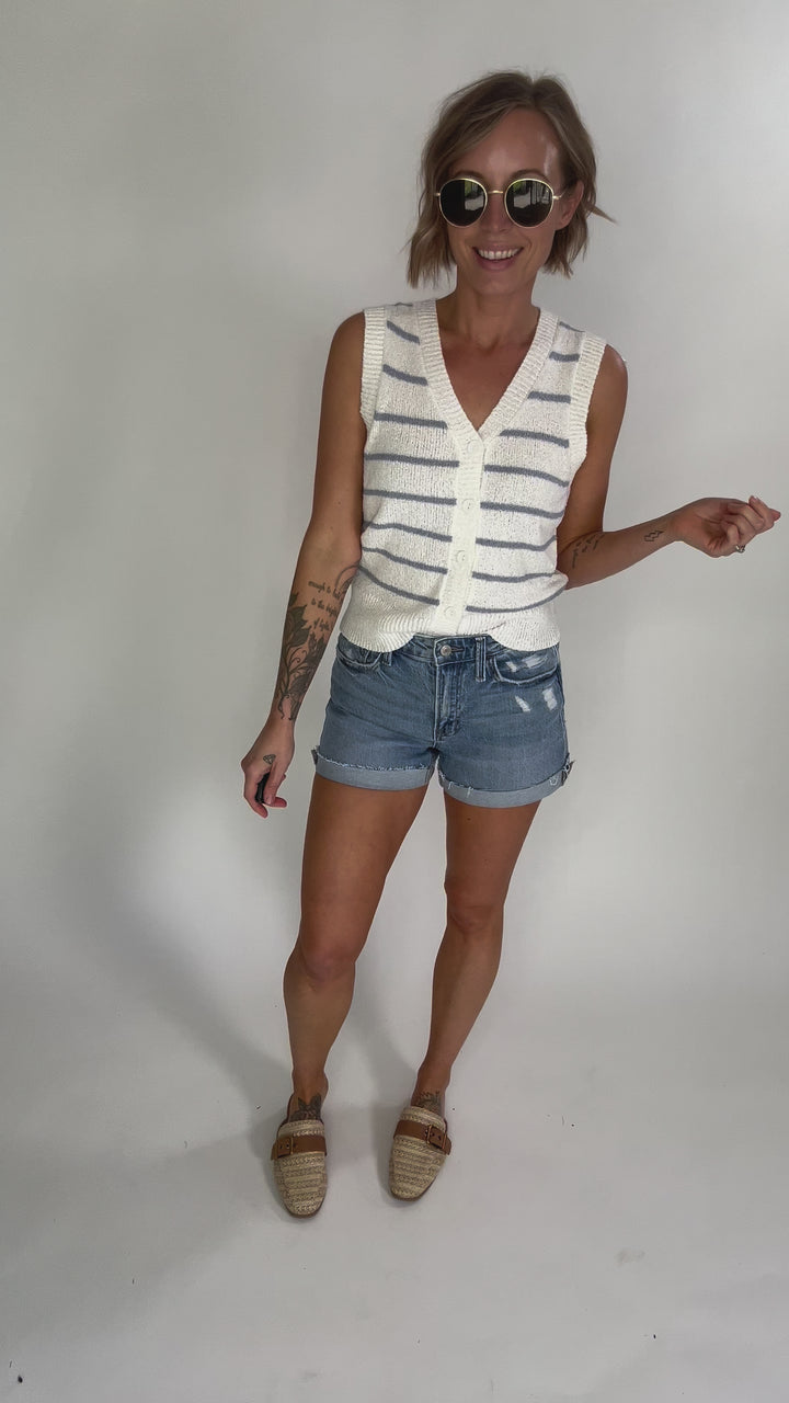 Elana Cozy Striped Button Up Sweater Vest- SLATE BLUE