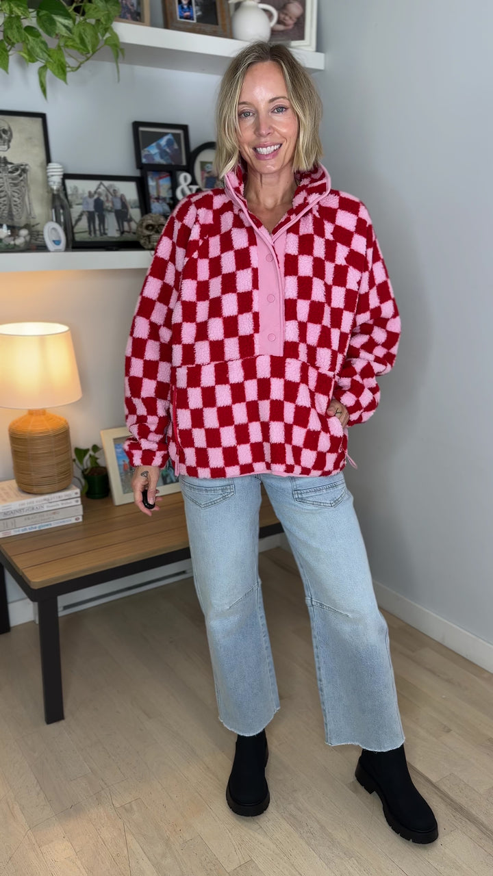 Martha Checkered Fleece 1/2 Snap Pullover- LIGHT PINK/RED