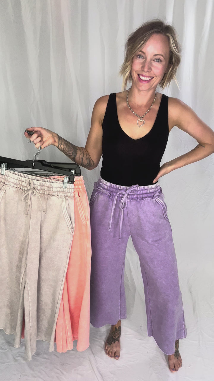 Caslo Acid Wash Fleece Palazzo Sweats- LAVENDER