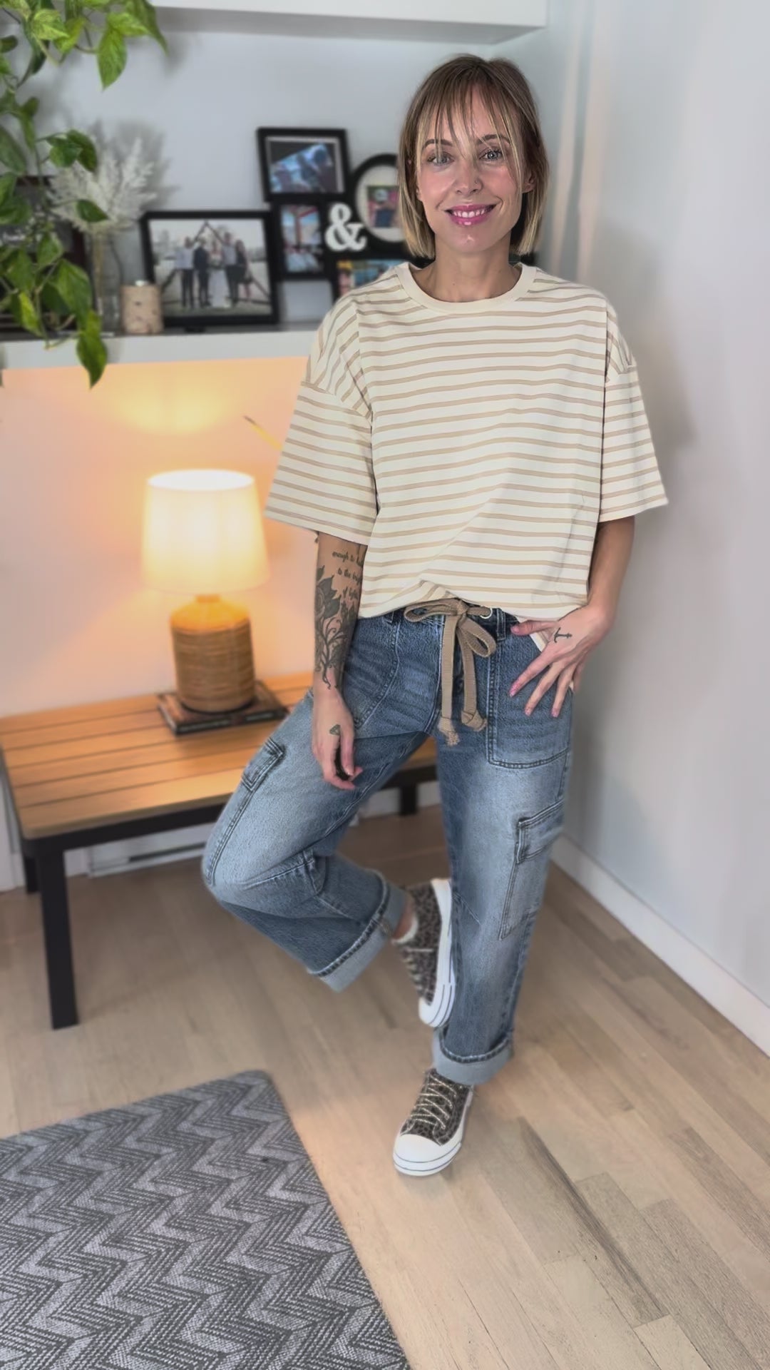 Opal Stripe Oversized Tunic Tee- TAUPE