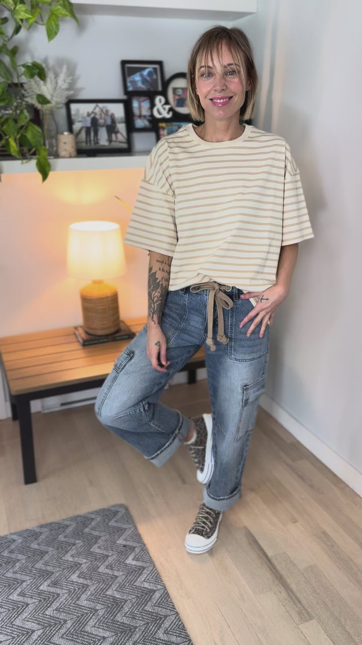 Opal Stripe Oversized Tunic Tee- TAUPE