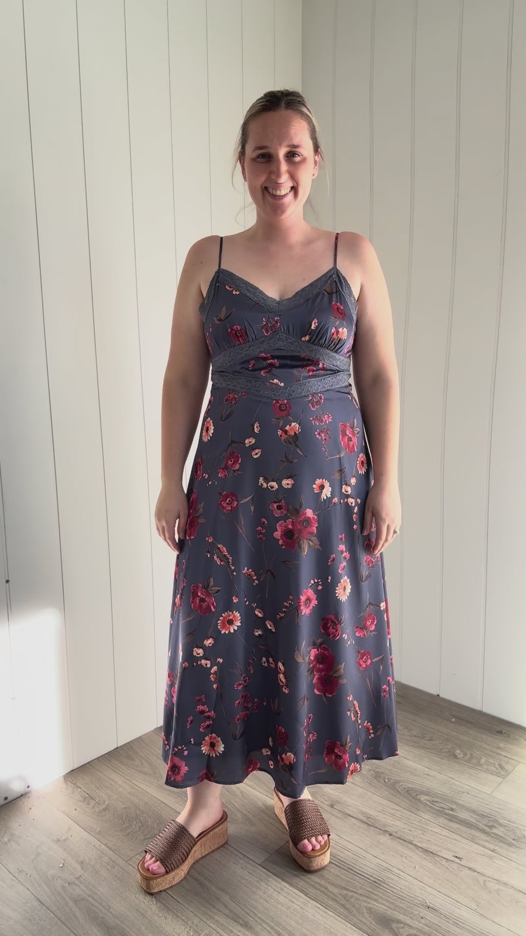 Caraway Floral Empire Neck Satin Midi Dress- MIDNIGHT