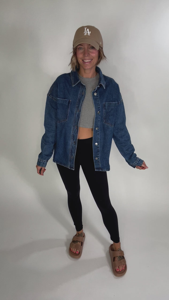 Elara Button Down Denim Jacket- DARK WASH