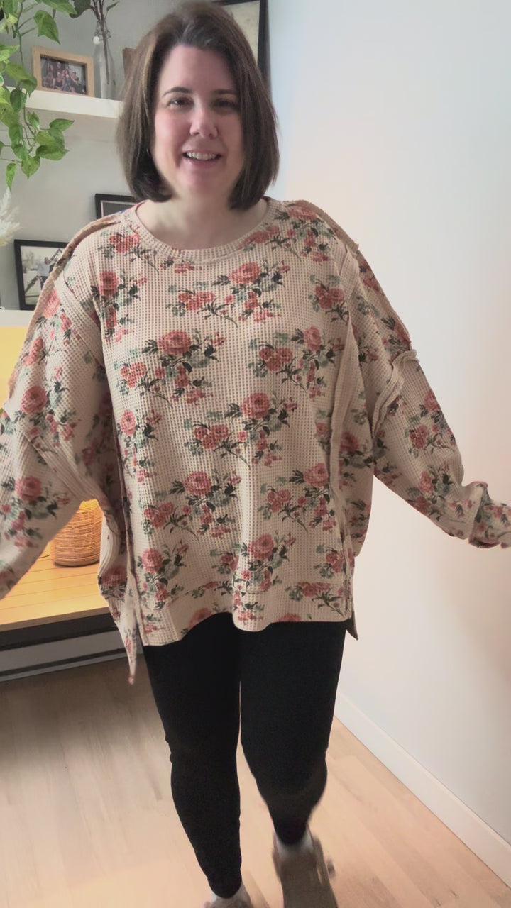 Posey Floral Oversized Waffle Pullover- TAUPE