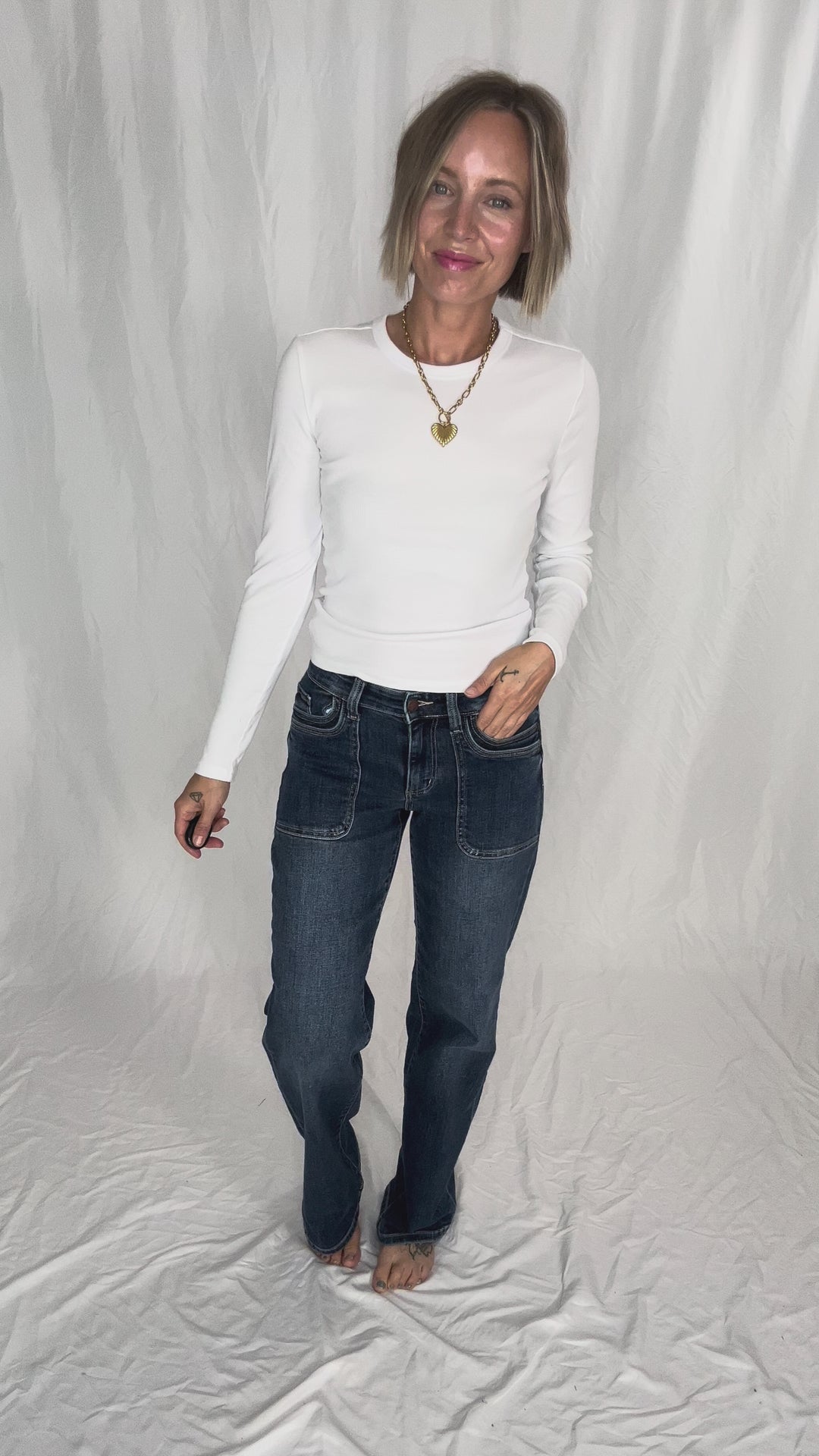 JUDY BLUE Hazelee Mid Rise 90's Straight Front Patch Jeans- MEDIUM DARK
