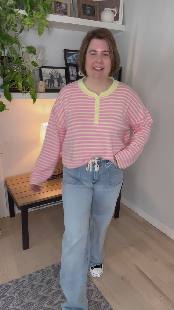 Ferryn Stripe Henley Sweater- PINK/LEMONADE