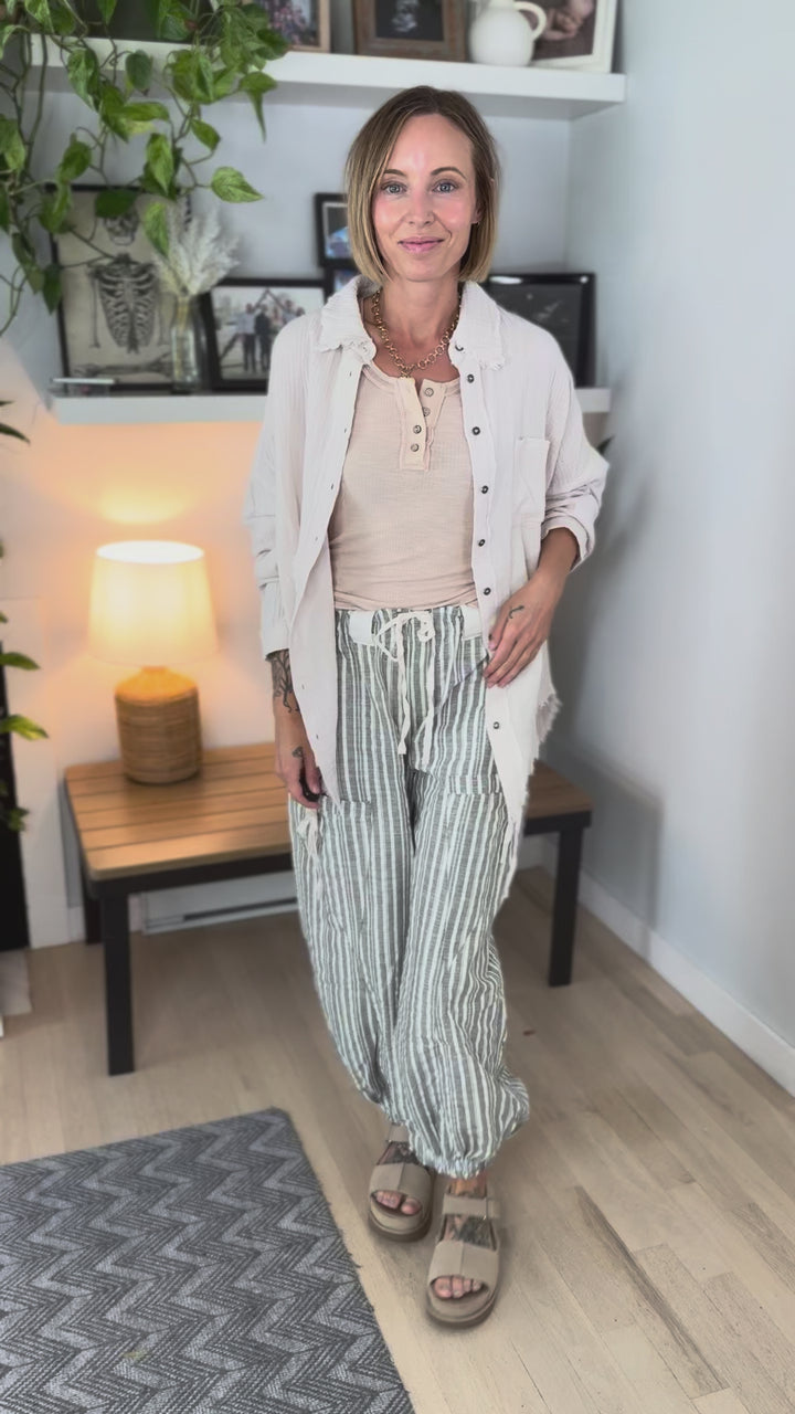 Paradise Palm Linen Blend Harem Jogger- DRY HERB