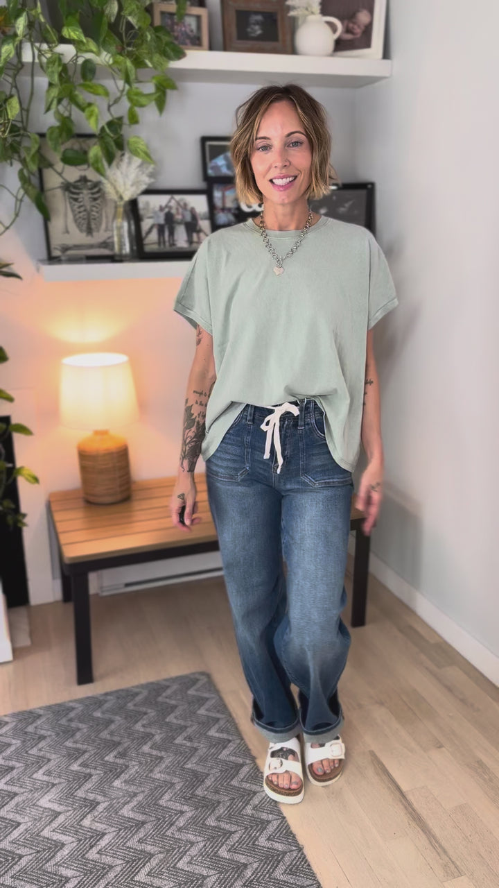 Senara Washed Cotton Cap Sleeve Tee- SAGE GREEN