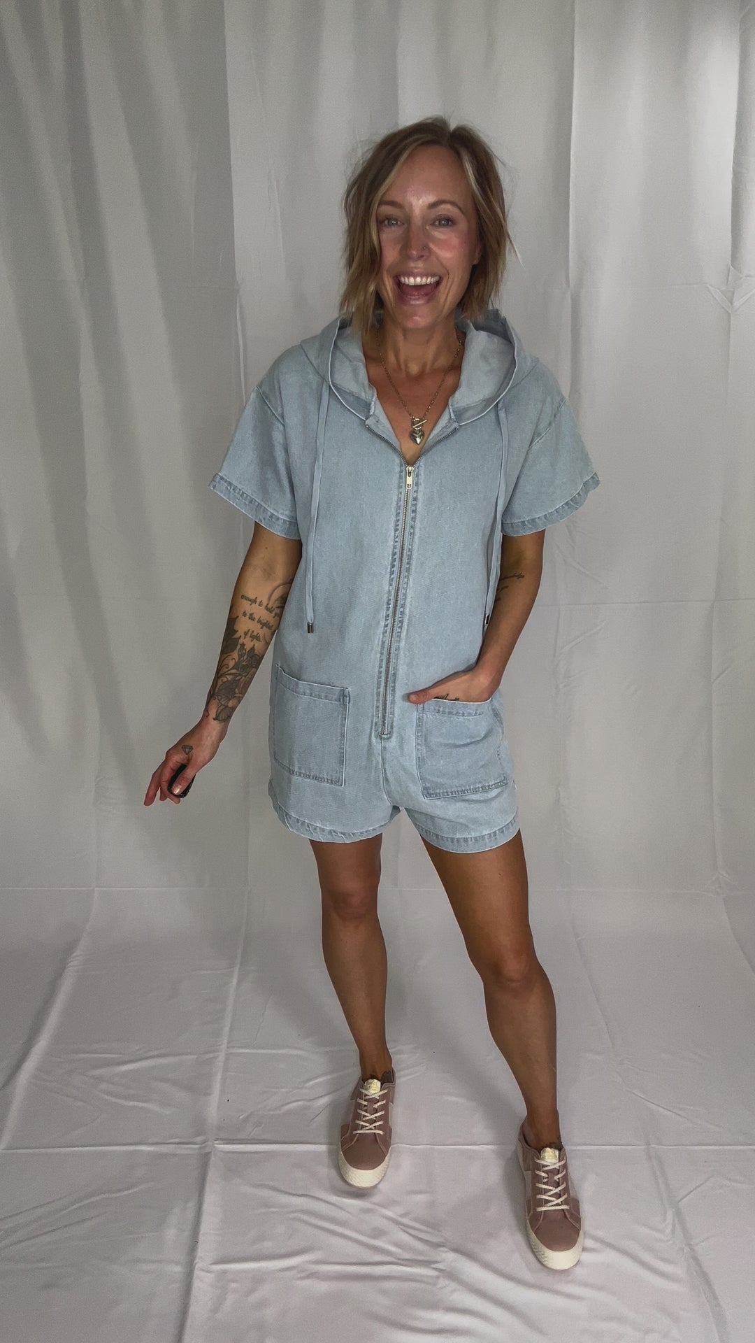 Shaya Denim Zip Up Romper With Hoodie- DENIM-FINAL SALE