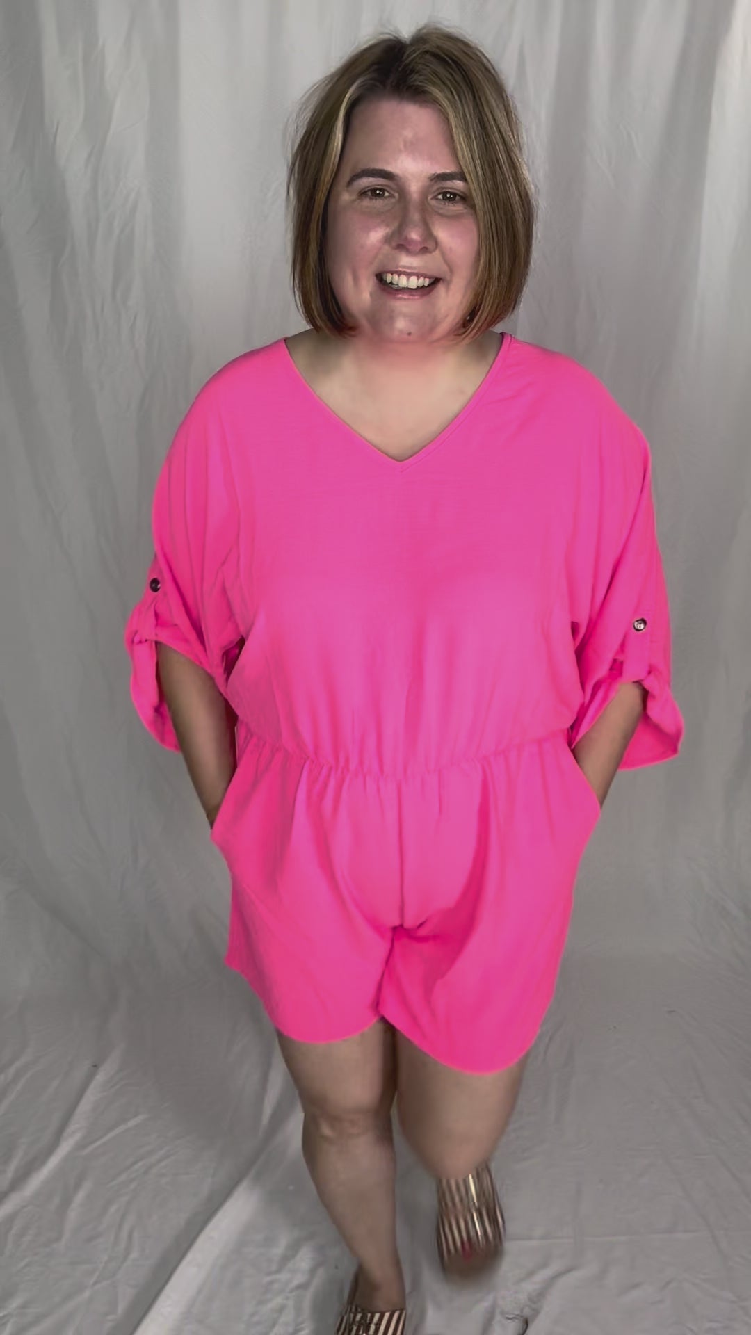 Kalli Airflow V-Neck Tab Sleeve Elastic Waist Romper- NEON PINK-FINAL SALE