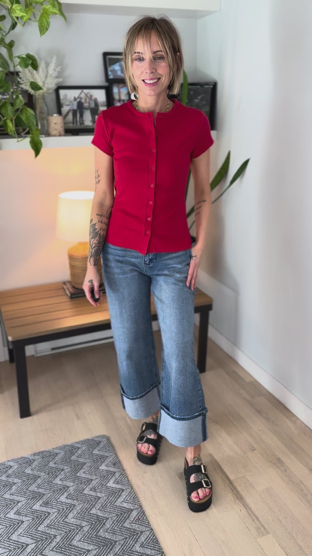 Vanta Ribbed Button Down Short Sleeve- RED