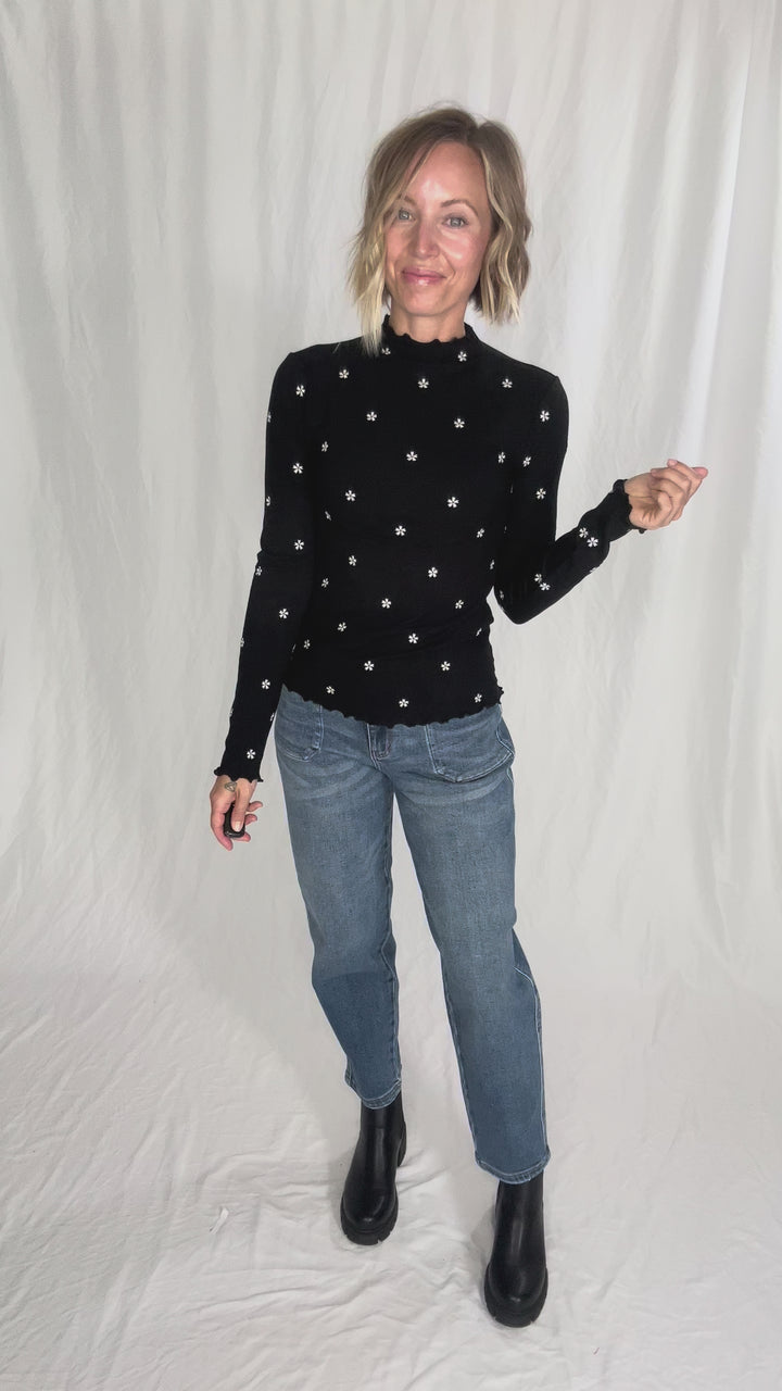 Stella Flower Embroided Mock Neck Rib Top- BLACK