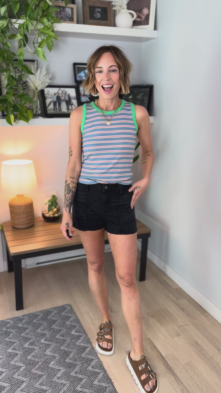 Starla Contrast Stripe Knit Tank Top- BLUE/LIME