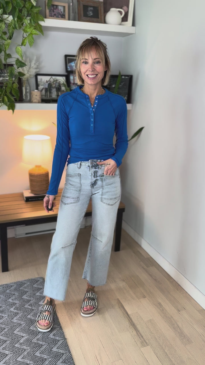 Mono B Breeze Micro Ribbed Henley Top- DEEP INDIGO