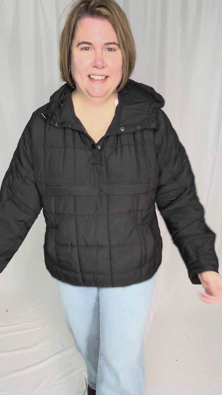 Ember Quilted Puffer Hooded Pullover- BLACK
