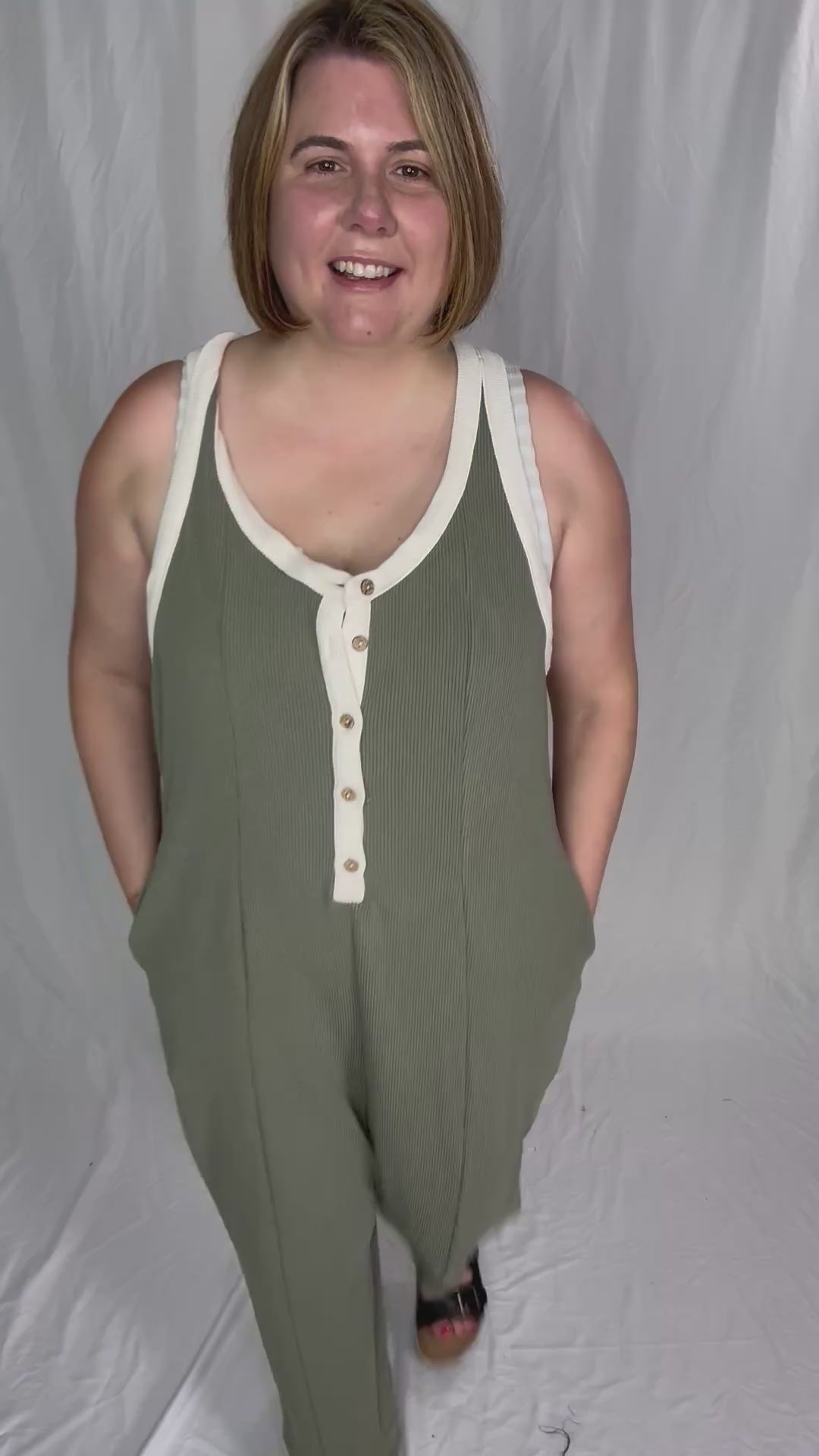 Olsen Sleeveless Button Down Jumpsuit- DRY HERB