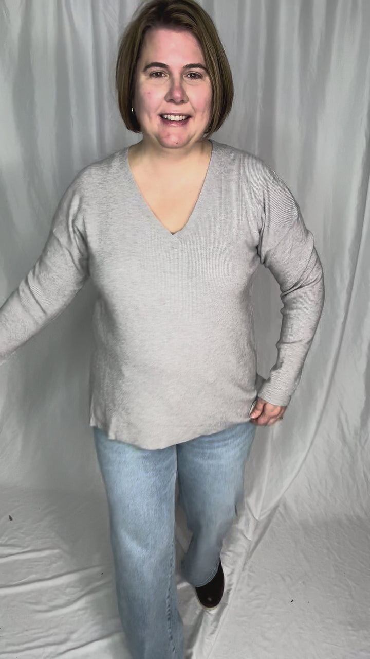 Jillian Knit V-Neck Drop Shoulder Sweater- HEATHER GREY
