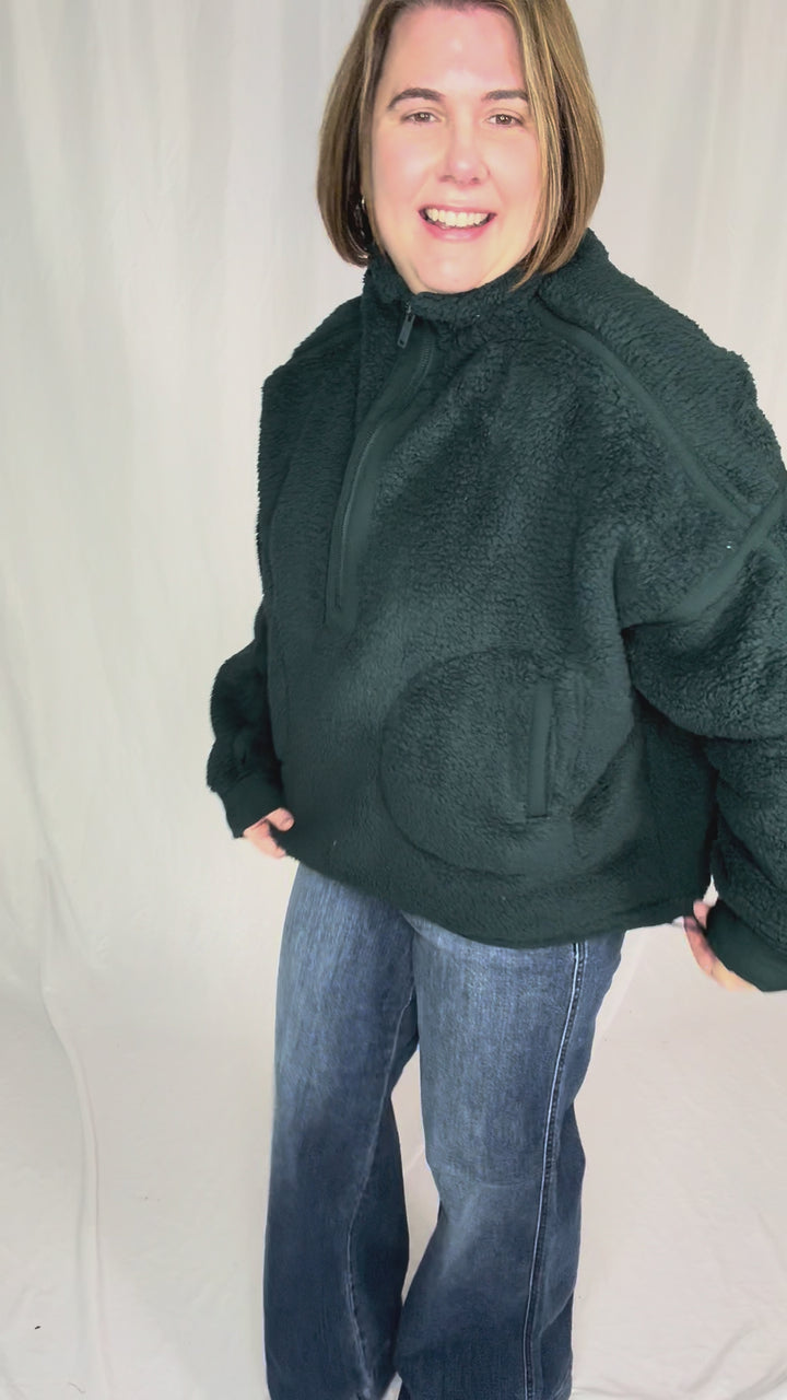Tundra Mock Neck 1/2 Zip Sherpa Jacket- DARK SEA GREEN