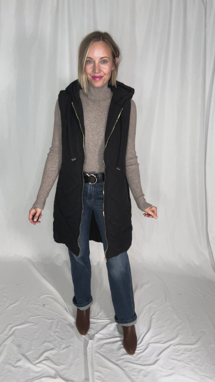 Glacier Girl Quilted Longline Vest- BLACK