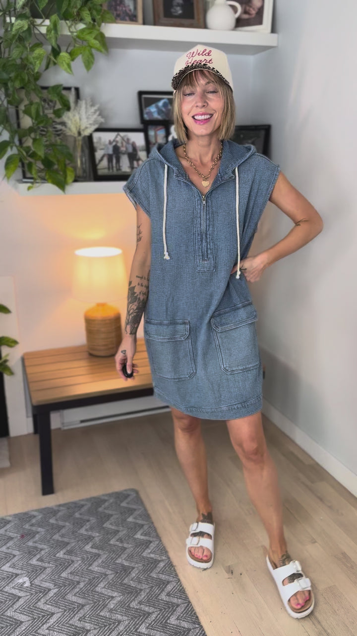Emmy Cotton Denim Hoodie Mini Dress- DENIM-FINAL SALE *S*