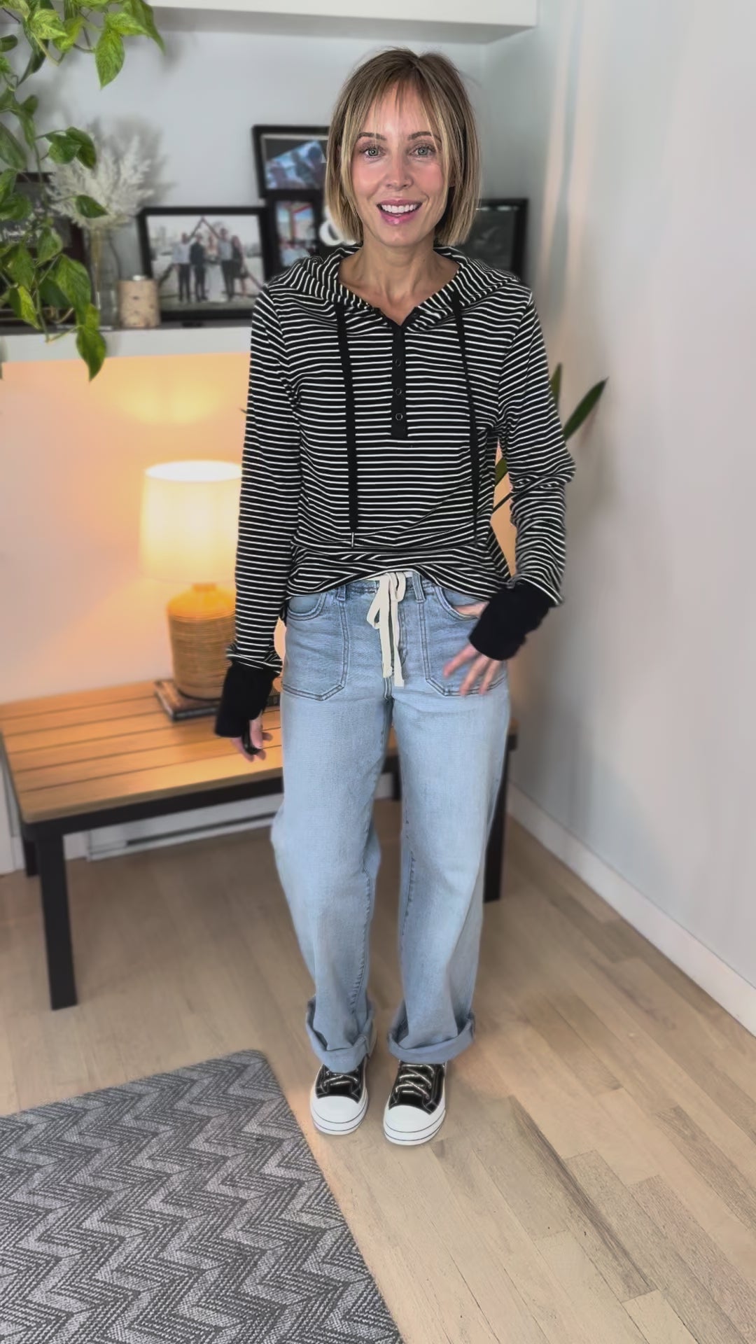 Juniper Henley Ribbed Hooded Top- BLACK