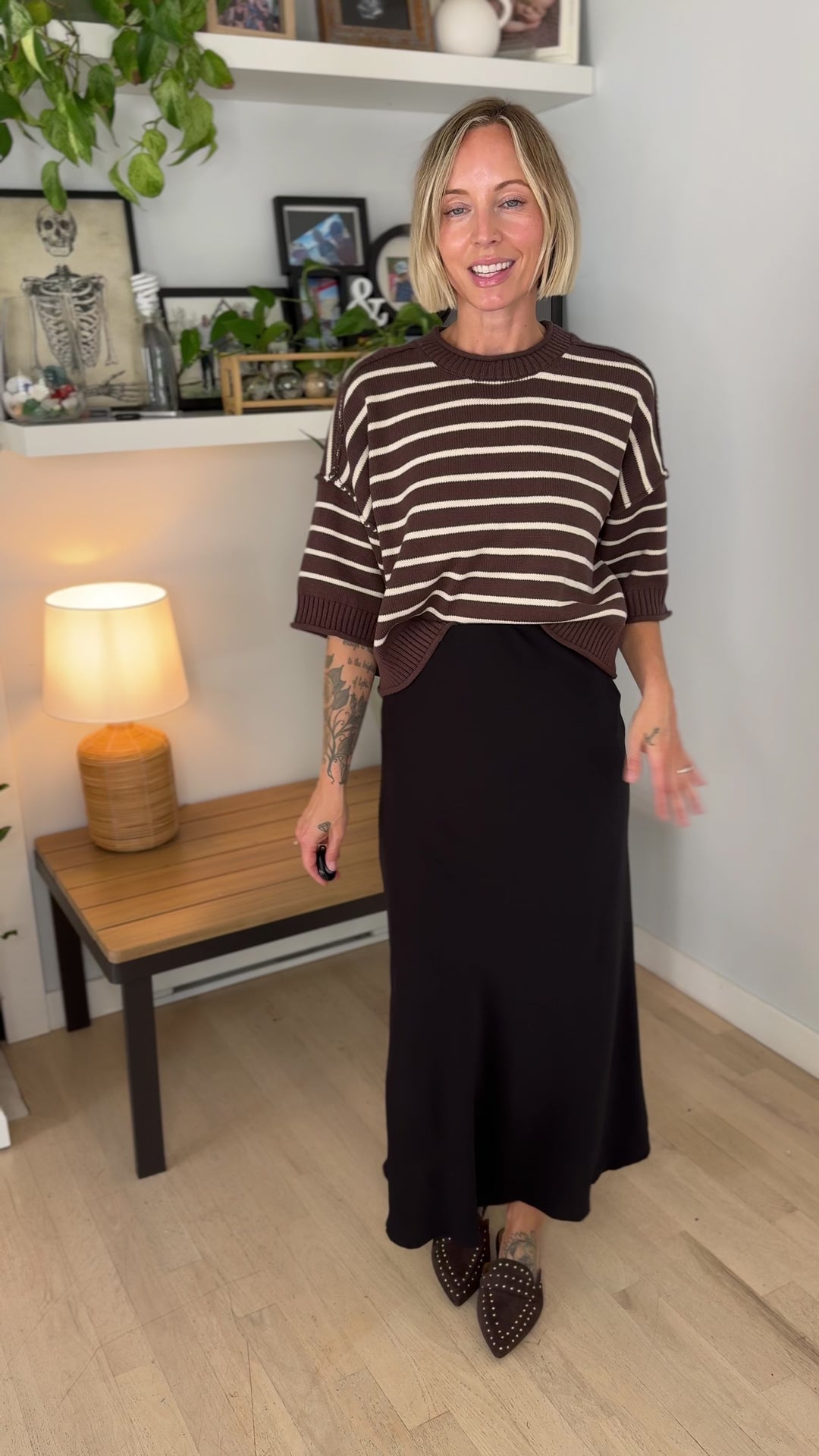Darlene Stripe Drop Shoulder Short Sleeve Sweater- BROWN