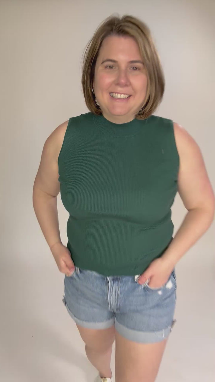 Melena Mock Neck Ribbed Knit Tank- TEAL GREEN