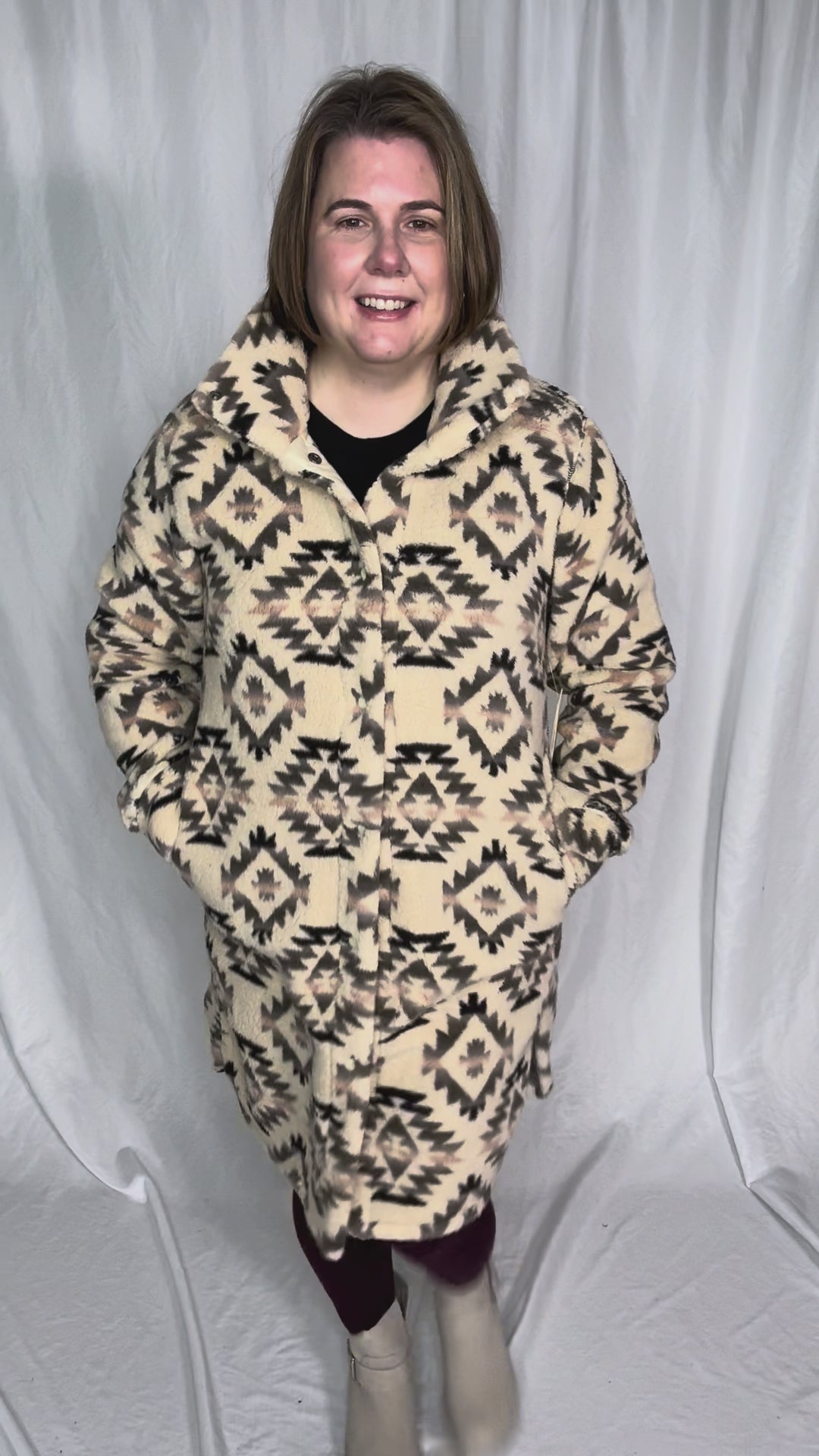 Ainsley Longline Sherpa Jacket- WOOD ASH DIAMOND-FINAL SALE