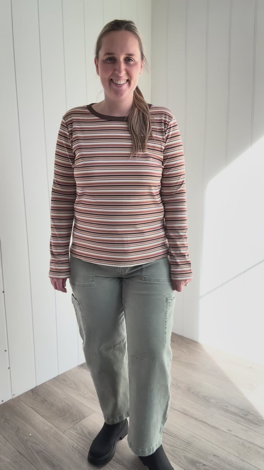 Alder Ribbed Crew Neck Long Sleeve- CAMEL/IVORY