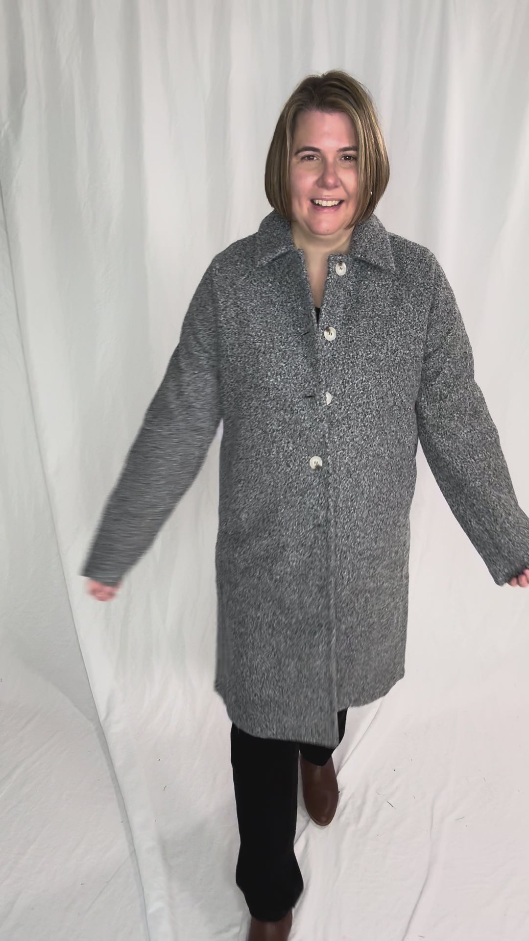 Frosty Boucle Long Button Coat- CHARCOAL