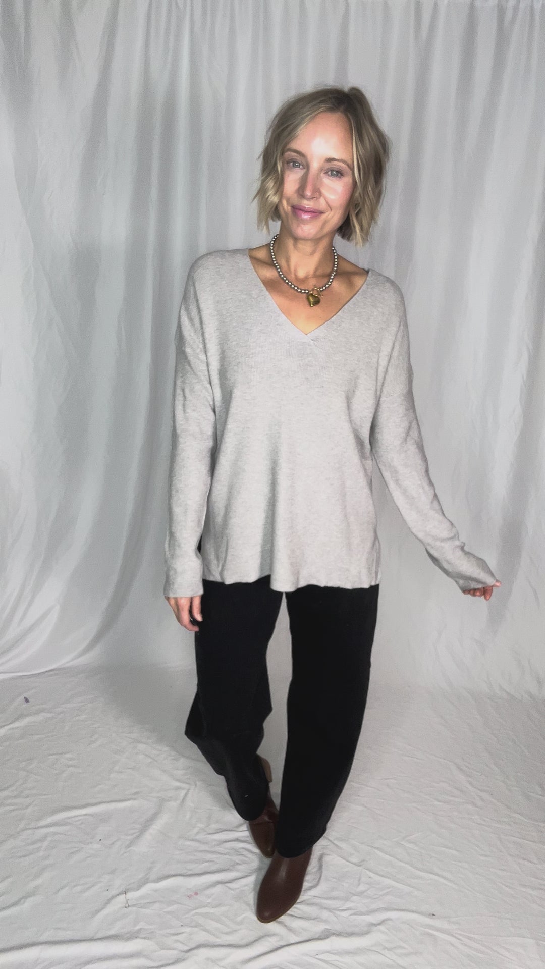 Jillian Knit V-Neck Drop Shoulder Sweater- HEATHER GREY
