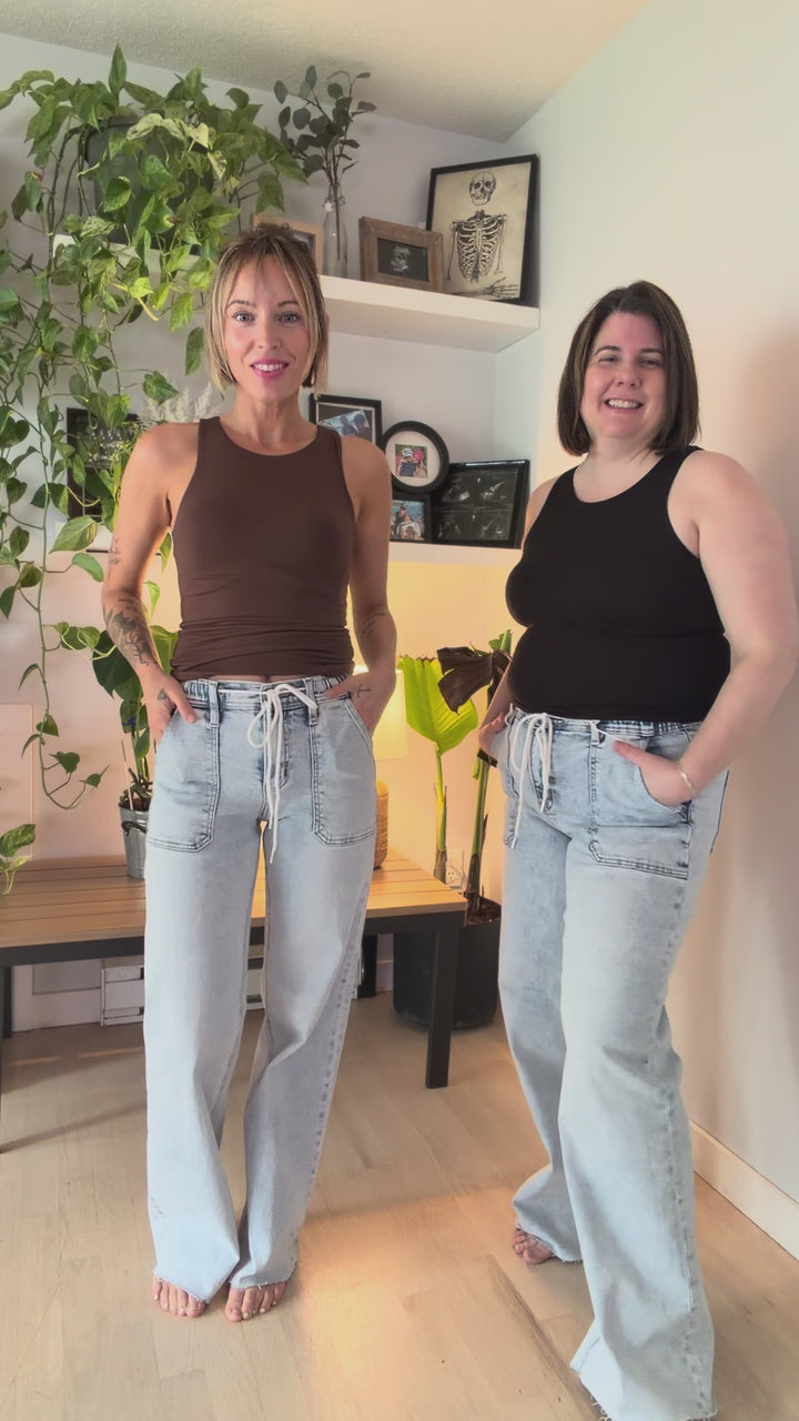 FLYING MONKEY Hazel High Rise Drawstring Wide Leg Jeans- LIGHT WASH